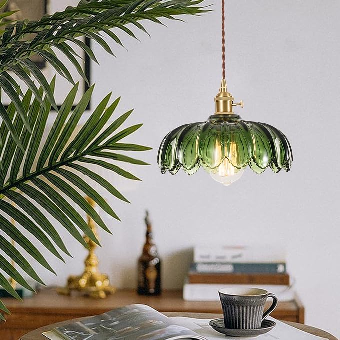 XZHGCEE Plug in Pendant Light Fixtures: Hanging Light Plug in Green Glass Hanging Lamp, Pendant Lighting for Kitchen Island, Bedroom, Dining Room, Living Room, E26 No Bulb