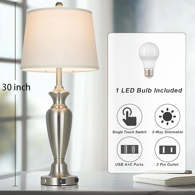 Silver Table Lamp for Living Room Single, 30″ Tall Touch Control Bedside Lamp for Nightstand, 3-Way Dimmable Bedroom Lamp with USB A+C Ports and AC Outlet (1 Pack)