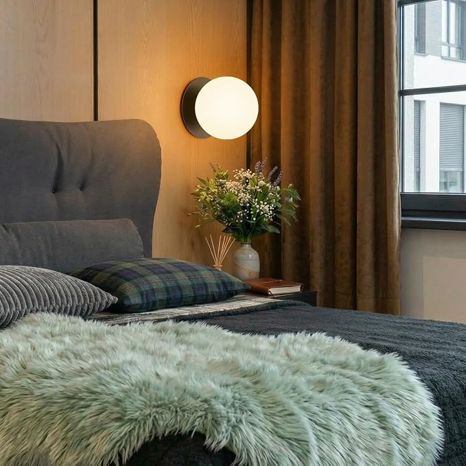 1 Pack Matte Black Wall Sconce, Modern Bathroom Sconce with Milky Globe Glass, Wall Light for Bathroom Mirror, Living Room, Hallway (Bulb Not Included)