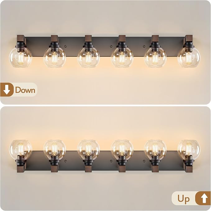 LmnLvn Bathroom Light Fixtures, Farmhouse Wood & Metal with Globe Glass | 6-Light Rustic Vanity Lights,Easy To Install, Mounted Over Mirror for Bathroom, Bedroom & Hallway