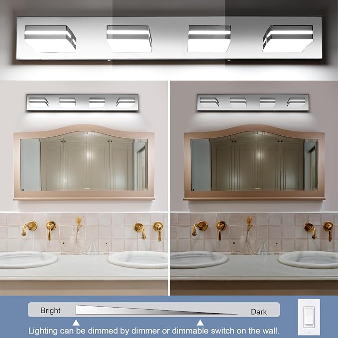 SineRise LED Modern Bathroom Vanity Light Fixtures, Modern Acrylic Bathroom Wall Lighting Fixtures Over Mirror, 4-Light, 30-Inch, Chrome, 100%-0% White