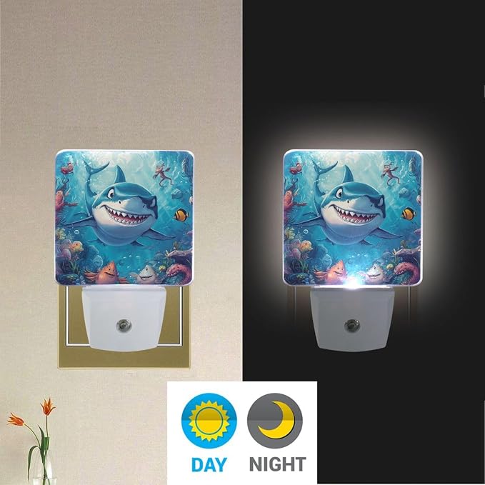 Cartoon Shark in Ocean Night Light Dusk to Dawn Sensor LED Night Dimmable Nightlight Lights Plug into Wall for Living Room