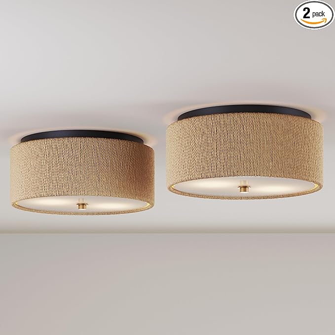 Nathan James Juluca Boho Light Fixture, Flush Mount Ceiling Light with Frosted Glass Diffuser, Rustic Boho Ceiling Light with Seagrass Shade Set of 2