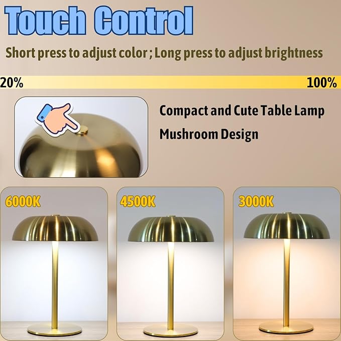 Portable LED Mushroom Table Lamp, 8.46'' Small Cordless Desk Night Light with 5200mAh Rechargeable Battery, Stepless Dimming Lamp with 3 Colors for Bedroom/Bar/Coffee Shop (Gold)