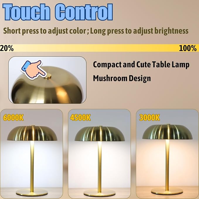 2 Pack Cordless Mushroom Table Lamp, Rechargeable, Dimmable 3 Color, Black | Small, 8.46in, Portable, Easy to Assemble, Metal Structure, Rechargeable, Suitable for Bedroom, Café, and Bar Counter