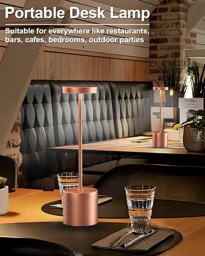 Swinerton Cordless Table Lamps Rechargeable, Portable LED Desk Lamp, 5000mAh Battery Powered Wireless Table Light - 3 Color Dimmable Lighting for Restaurant Dining Patio Outdoor Bedroom(Rose Gold)
