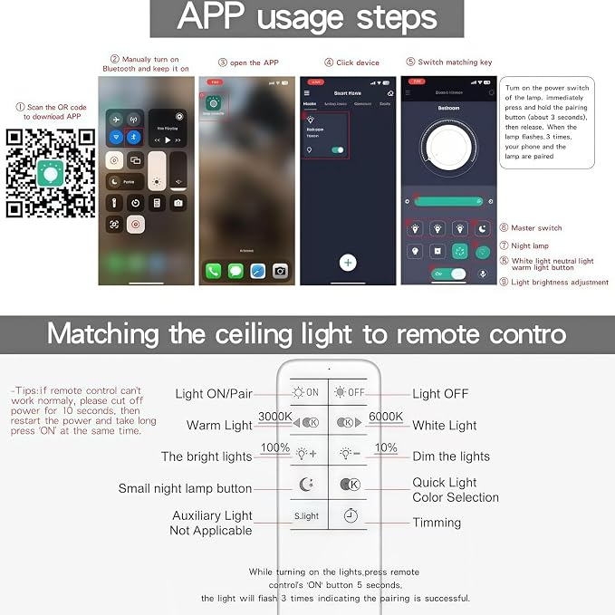 24" 42W Light Fixtures Ceiling Mount 1432LM Living Room Light Fixture | 3000-6500K Remote control APP Adjustable color temperature brightness Memory function Night light for Bedroom Kitchen Modern