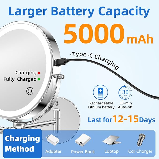 9"Wall Mounted Makeup Mirror with Lights,5000mAh Rechargeable 1X/30X | Lighted Magnifying Mirror,Double Sided Wall Mirror for bathroom,3Color Lighting,Touch Dimming, Extended Arm 360 Rotation