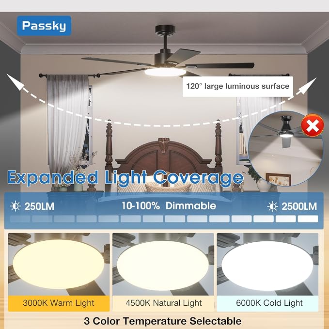 Passky Ceiling Fans with Lights, 52 inch Sleek Ceiling Fan with Light and Remote Control, 3CCT, Dimmable, Reversible, Noiseless, Black Ceiling Fan for Bedroom, Living Room | 3-color dimmable light, quiet reversible DC motor, easy install, memory, Timer...