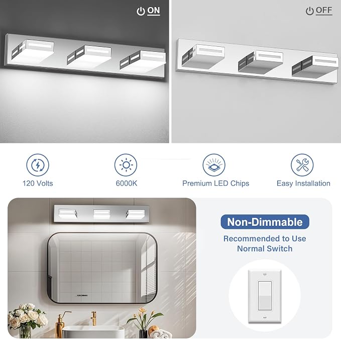 LED Modern Bathroom Light Fixtures, 3-Light 24-Inch Chrome Vanity Lights for Bathroom Lighting Fixtures Over Mirror, 6000K Cool White 350° Rotatable Wall Lamp