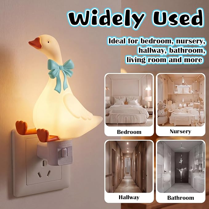 Gerrii Silly Goose Night Light Plug in Blue Bow Decorative LED Night Lights Dusk to DAW Cute Goose Decor for Nursery, Kids Bedroom, Bathroom, Birthday Gift Nightlight
