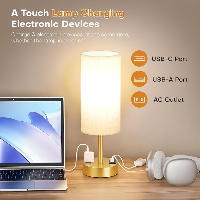 MOICO Bedside Table Lamp for Bedroom, 3-Way Dimmable Nightstand Lamp with USB C, USB A Ports & AC Outlet, Small Table Lamp Fabric Shade for Living Room Dorm Office, LED Bulb Included (14in Gold)