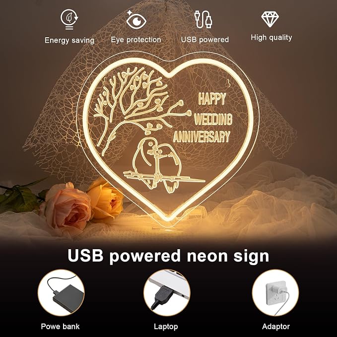 Lucunstar Wedding Neon Sign Happy Anniversary LED Sign for Wall Decor Valentines Day LED Light Love Signs Heart Decor in Wedding Party Bedroom Home Love Gifts for Couple in Anniversary Party