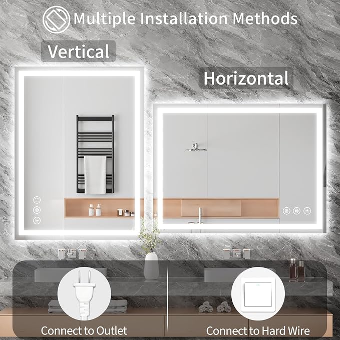 Koonmi 42x30 LED Bathroom Mirror with Light, Anti-Fog, 3 Colors | Backlit + Front Lit, Dimmable Brightness, Shatterproof HD Distortion-Free Tempered Glass, Hardware Included