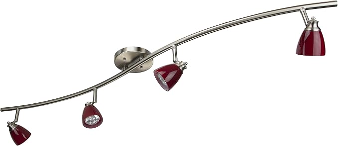 4 Light Adjustable Track Light, Brushed Steel Finish, Red Glass Shade, Ready to Install, Bulb Included, D268-44C-BS-BRED