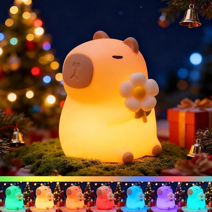 Night Light for Kids, 7 Colors Capybara Silicone Nightlight with Timer, Rechargeable Nursery Night Light, LED Bedside Nightlamp, Dimmable Cute Animal Night Lamp for Kids Boys Girls Toddler (Daisy)
