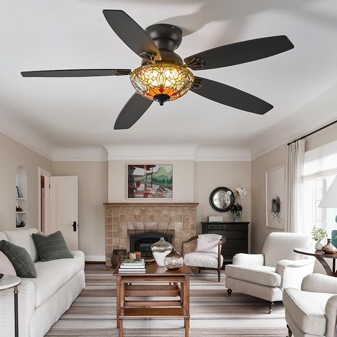 Ceiling Fans with Lights-52 Ceiling Fan Chandelier and Glass Shade | 52" Ceiling Fan Chandelier with 5 Dual-Blades and Glass Shade, 6 Speeds and Reversible, Indoor and Outdoor, Retro Style