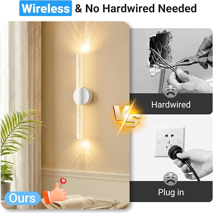 VerRon Peel and Stick Rechargeable Magnetic Wireless Wall Sconces Set of 2 | Linear Wall Lights with Remote&Touch Control, 3CCT&Dimmable Battery Powered Vanity Wall Lamp for Bedroom Living Room