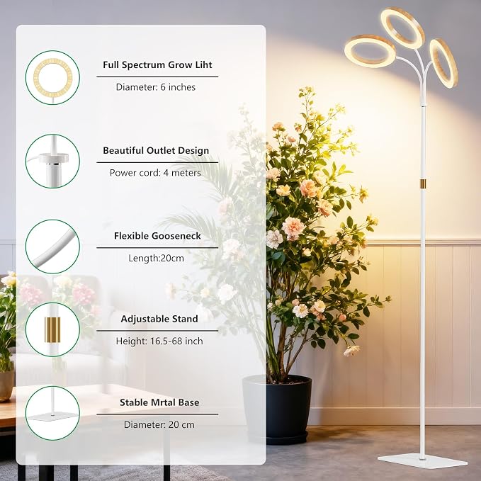 SDOVUERC Full Spectrum Grow Light with Stand for Indoor Plants, Floor Plant Light, 6/12/18H Timer, 3 Color Modes, Adjustable Height 16.5–68in, for Large Plants & Home Décor(Tri-Head,Faux Wood Grain)