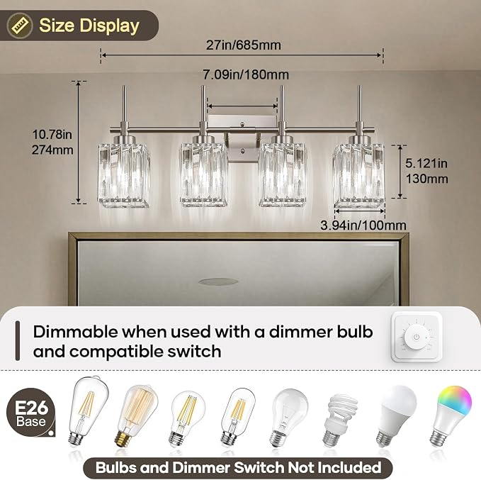 Torondo Modern Crystal Bathroom Vanity Light 4-Light Brushed Nickel Bathroom Light Fixtures Over Mirror Vanity Lighting Fixtures Square Shade Wall Sconce (Bulbs Not Include)