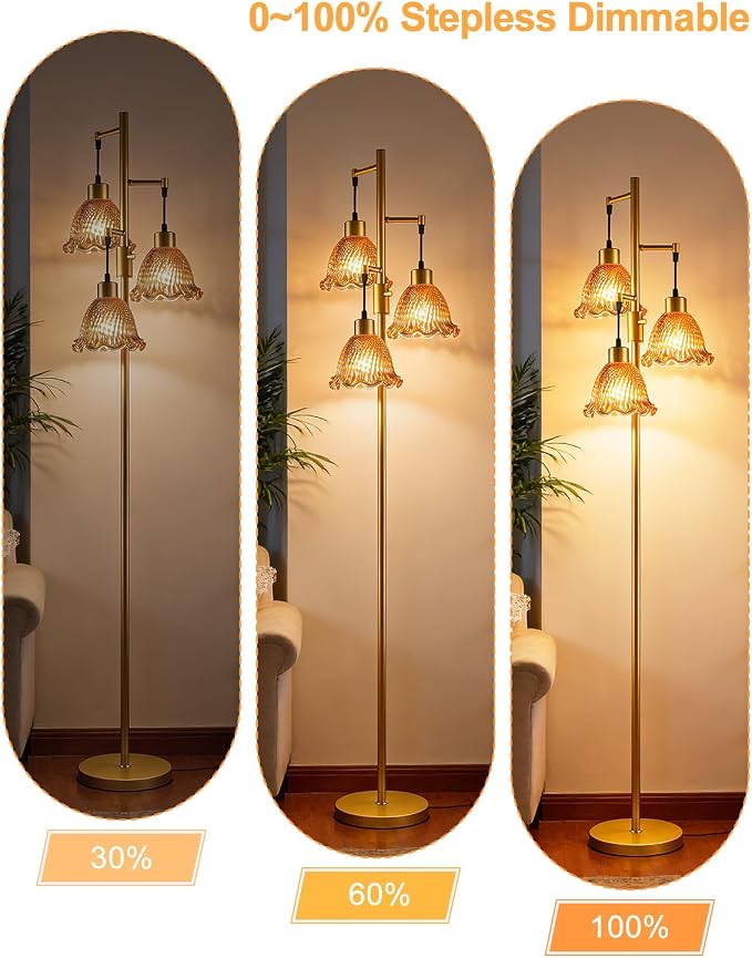 Lightdot Glass Floor Lamps for Living Room, 3-Light Dimmable Floor Lamp with Rose Red Glass Shade& E12 Bulbs Included, Mid Century Standing Tall Lamp with 5Lbs Heavy Base for Bedroom/Sofa Beside-Gold