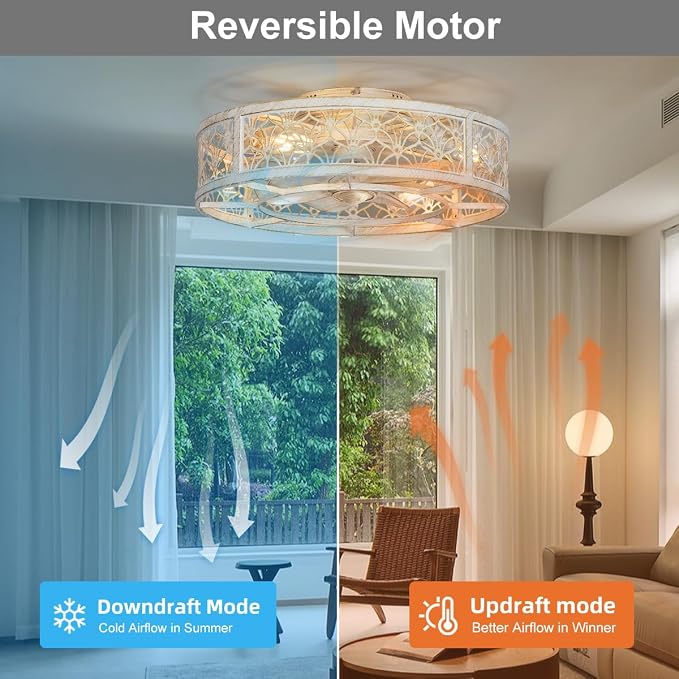 SHLUCE 20" Low Profile Caged Ceiling Fan with Light, Small Fandelier Ceiling Fans with Lights and Remote, Rustic Flush Mount Bladeless Ceiling Fan with Light for Bedroom, Living Room, White