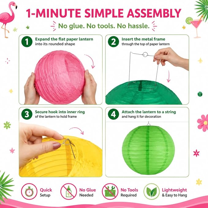 12 Pcs Paper Lanterns Party Decorations, 8 and 10 in Hanging Round Lantern Lamps for Luau, Flamingo, Summer Hawaiian Birthday, Party Decor (Dark Green, Hot Pink, Grass Green, Pink, Yellow)