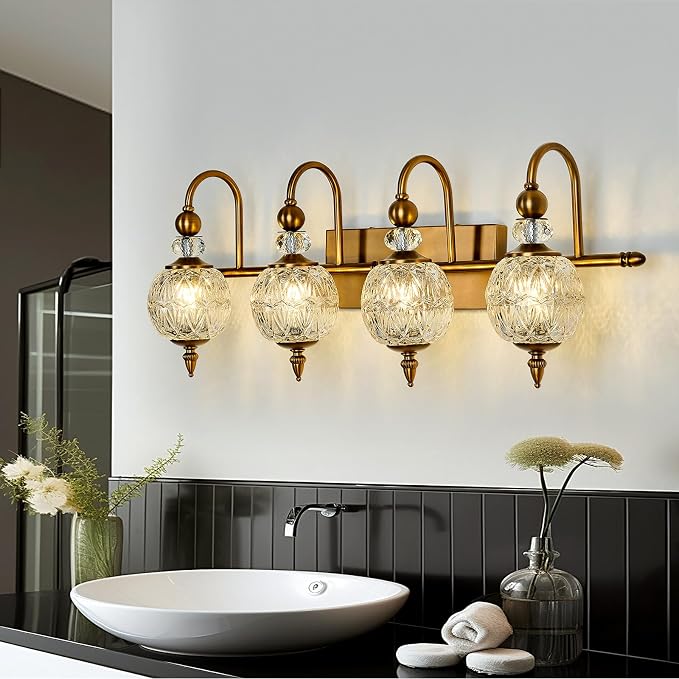 Piepooye Vintage Bathroom Light Fixtures Gold Vanity Light with Glass Globe LampShade 4 Lights Brushed Brass G9 Bulb Wall Sconce Antique Indoor Vanity Light Over Mirror for Kitchen Bedroom Living Room