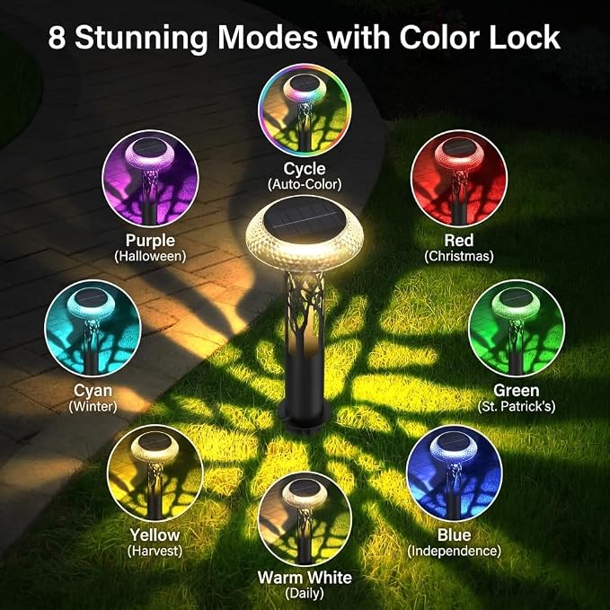 Eyrosa Solar Pathway Lights, Large Outdoor Garden Decor Stainless Steel Lights with Elegant Pattern, Dual-Zone Lighting, 8 Color Modes, IP55 Waterproof Landscape Lighting for Yard Walkway, 6 Pack
