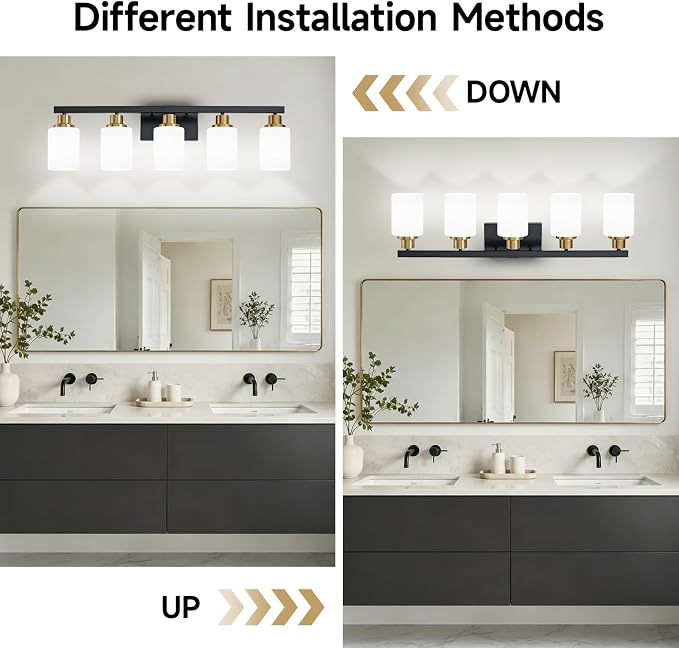 Bathroom Vanity Light, 5-Light Vanity Lighting Black and Gold,30" | Black and Gold Wall Light Fixture,Bathroom Light Fixtures with Frosted Glass Shade for Mirror Bedroom Restroom Sink