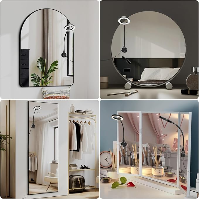 Suction Cup LED Vantiy Lights for Mirror, Flexible Gooseneck Stick on Selfie Ring Light for Makeup Vanity Table & Bathroom Mirror, 3 Color Modes & 10 Brightness, Plug in,3.54inch, Black