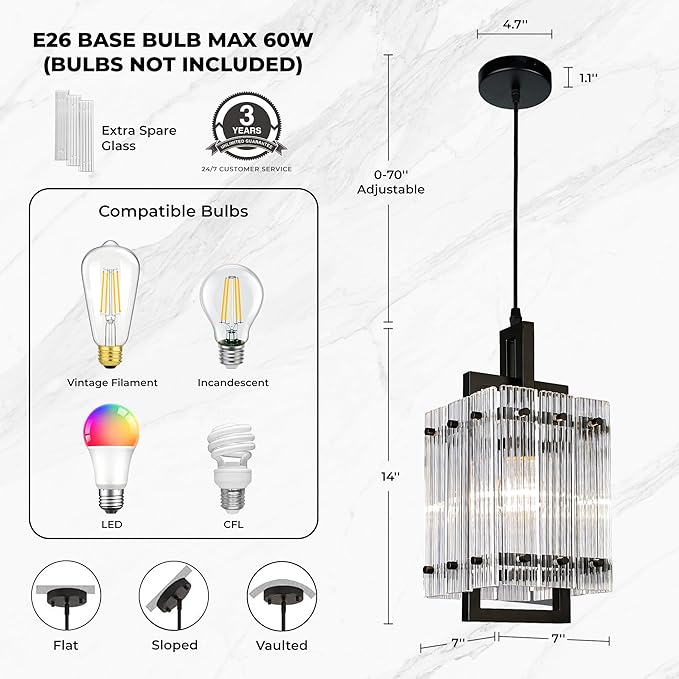 IKK Black Pendant Light for Kitchen Island, Luxury Ribbed Glass Chandelier Lights Fixture, Modern Elegant Adjustable Pendant Lighting for Dining Room Bedroom, E26 Bulb, L6.5'' x H14''