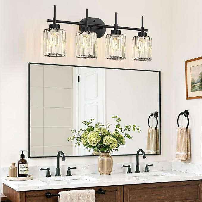 Matte Black 4-Light Crystal Bathroom Vanity Light, Modern Bathroom Light Fixture Over Mirror, Black Vanity Lighting for Bathroom, Bulbs Not Included