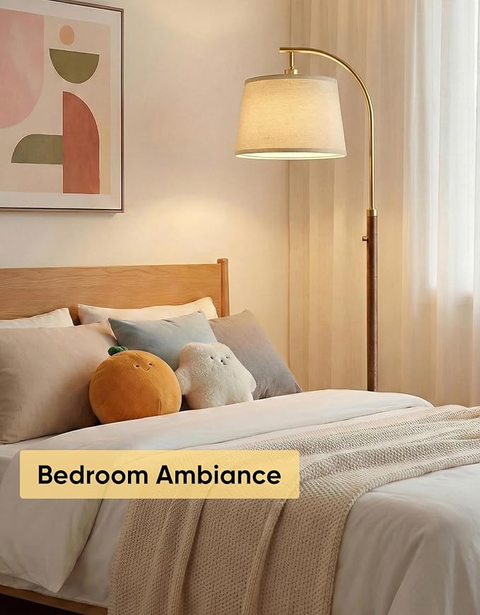 Dimmable Floor Lamp for Living Room, 65" Tall Metal Standing Lamp with LED Bulb, Mid Century Modern Arc Floor Lamp with Linen Shade for Bedroom, Reading Room, Office & Nursery, Gold and Walnut Color