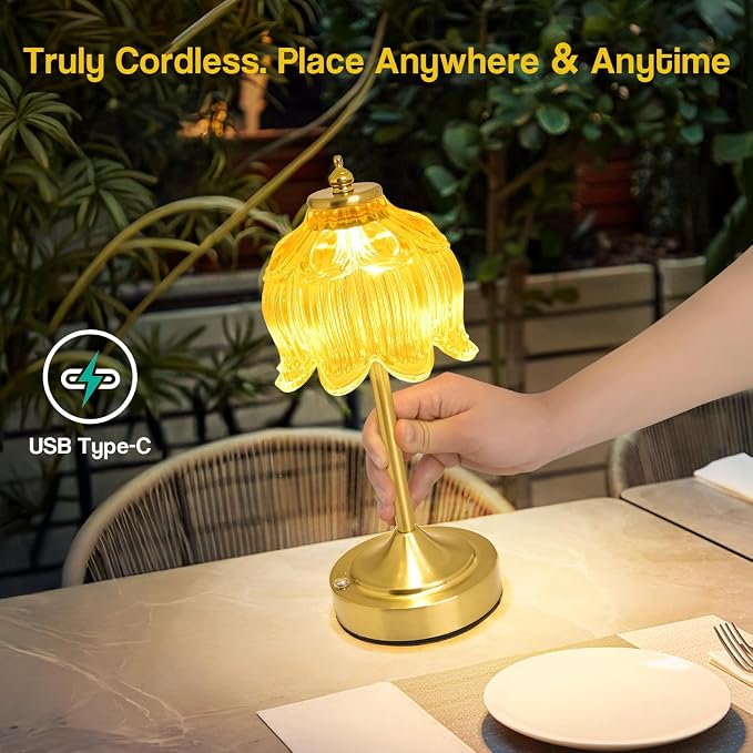 Cordless Table Lamp, Rechargeable Honey Gold Glass Lotus Flower Lamp | 5200mAh touch lamp with 3 color modes and stepless dimming, battery operated lamp for nightstands and kitchen counters