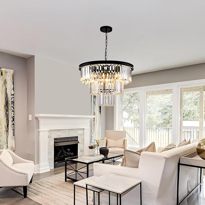 8 Light Modern Crystal Chandelier 20'' Black Chandeliers for Dining Room Contemporary Pendant Light Fixture Round 3-Tier Adjustable Height E12 for Living Room, Foyer, Entryway, Bedroom