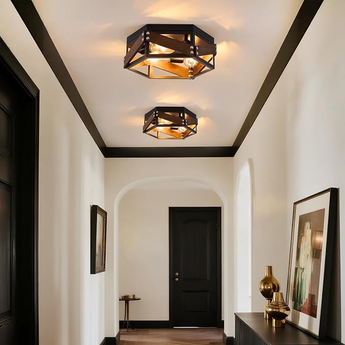 XSDeTu Farmhouse Flush Mount Ceiling Light, 3-Light Hallway Lights with Metal and Wood, Industrial Kitchen Light Fixtures Ceiling Mount, Rustic Black Chandelier for Bedroom Living Room Bathroom