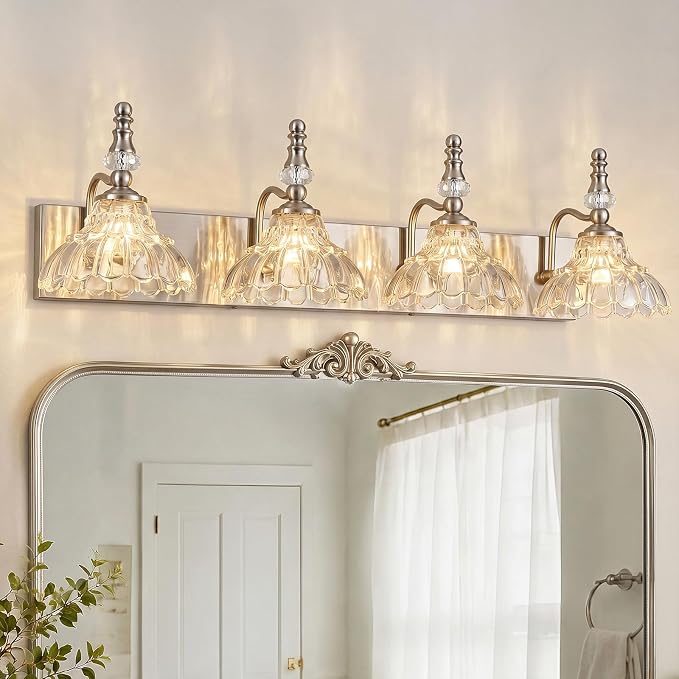 Vintage Bathroom Vanity Light, 4-Light Brushed Nickel Vanity Lighting Fixture with Flower Glass Shade, Bathroom Lighting Fixtures Over Mirror