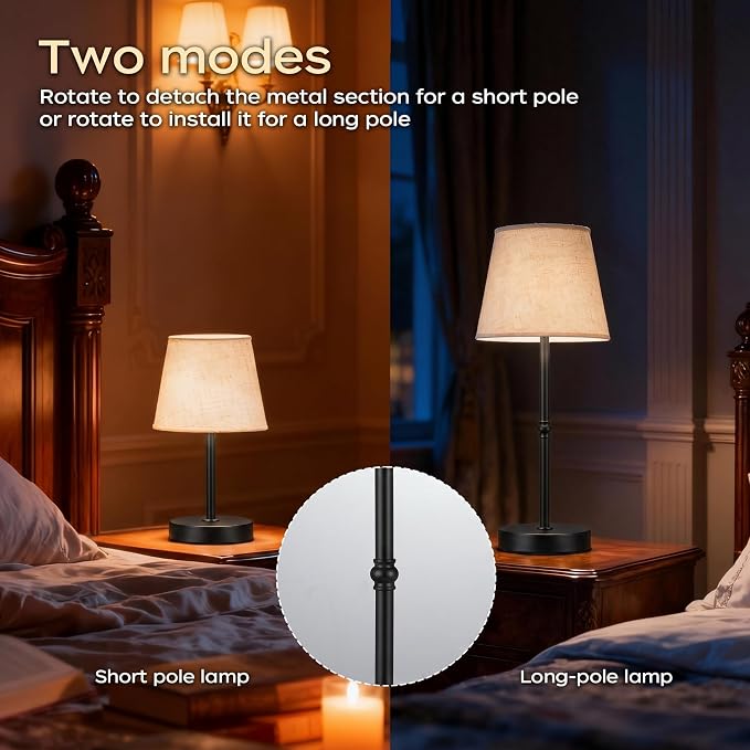 Cordless Table Lamp Rechargeable, 6000mAh Battery Operated LED Lamp with USB-C, Touch Control Stepless Dimmable Small Black Fabric Lamp for Kitchen Counter, Small Spaces, Bedroom, Living Room