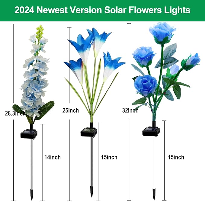 MRHEPHAESTUS Solar Garden Lights, 6 Pack Solar Flowers Lights with Lily Rose Delphinium, Waterproof Gardening Gifts for Mom Grandma Women,Multi-Color Changing Outdoor Light for Garden Yard Patio Lawn