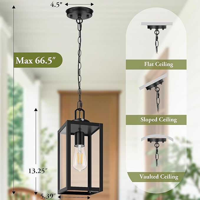 Dusk to Dawn Outdoor Pendant Light for Porch Gazebo, Black | Auto ON/OFF, Hanging Height Adjustable, Waterproof, Rust-Resistant, Durable Metal & Clear Glass, Easy to Install