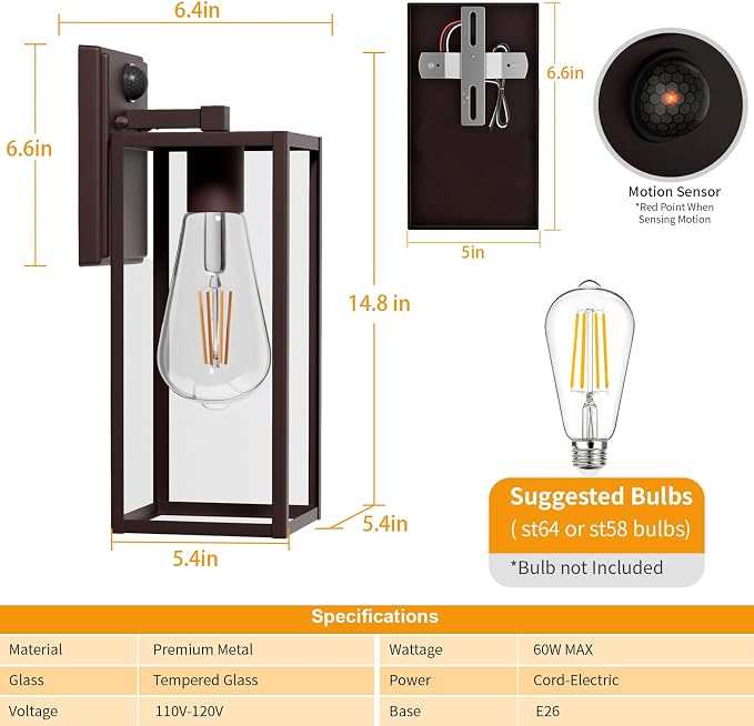 15'' Oil Rubbed Bronze Motion Sensor Outdoor Front Porch Light Fixtures Wall Mount, 2 Pack Waterproof Exterior Wall Sconce, Large Lantern Lamp,Outside Coach Light for House,Garage,Yard