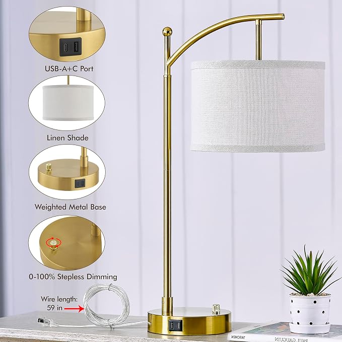 Table Lamp for Living Room Bedroom, 23.5" Table Lamp with USB C+A Ports, Bedside Lamp for Nightstand with Linen Lamp Shade, Dimmable LED Bulb Included, Gold