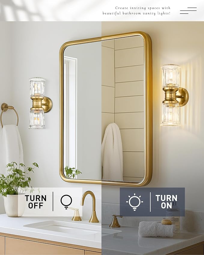 Gold Wall Sconces, HWH Single Wall Vanity Light Fixture for Bathroom Living Room Bedroom, Bathroom Wall Sconces with Bell-Shaped Clear Glass, Gold Finish, 5HZG106B-2W BG