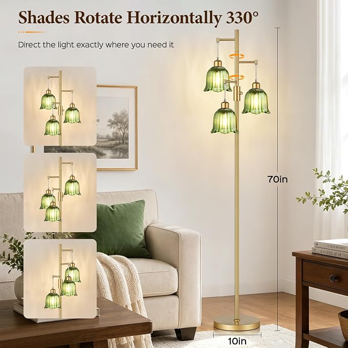 Dimmable Flower Floor Lamp, 3 x 900LM LED Bulbs Included, Modern | 70" Gold Tree Standing Lamp, 3 Lights Elegant Green Glass Flower Shade, Vintage Floor Lamps for Living Room, Bedroom, Office