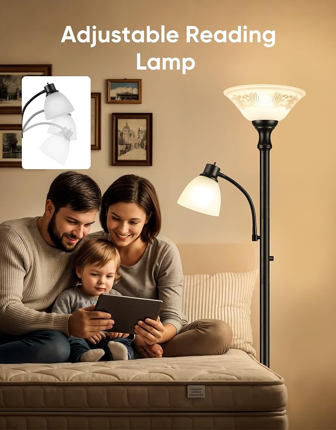 Torchiere Floor Lamps for Living Room, 71" Tall Standing Lamp with Thick Glass Shade, Metal Pole & Heavy Base, Vintage Corner Lamp with Reading Light for Bedroom Home Office, 3CCT Bulb Included