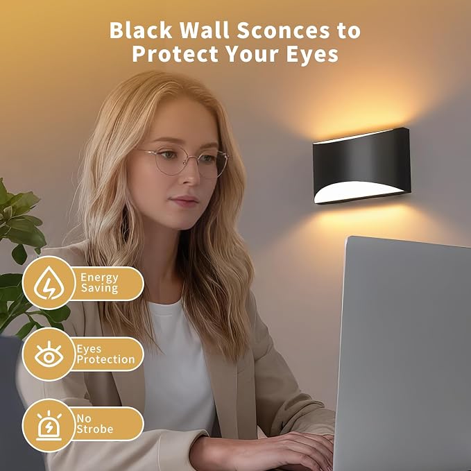 Black Modern LED Wall Sconce, 3 Colors Indoor Wall Lights, 10W Hardwired Up and Down Aluminum Wall Mount Lamp for Bedroom Living Room Hallway Corridor (Black, 6 Pack)