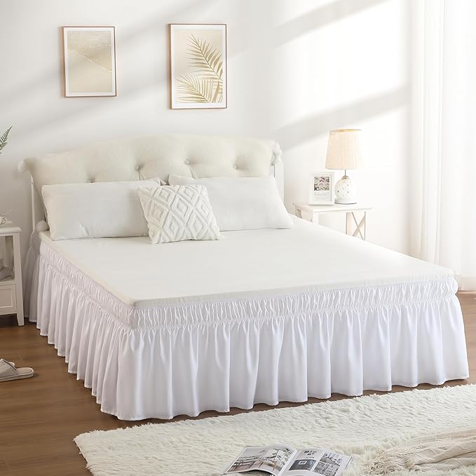 RIMELA White Bed Skirt Queen Size 15 Inch Drop, Elastic Bed Skirting for Adjustable Bed Base & Frame, Bedding Dust Ruffle Easy to Install, Wrap Around Bedskirt, Room Decoration