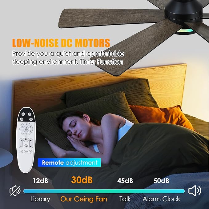 46" 6-Blade Black Low Profile RGB Ceiling Fan with Light and Remote/APP | 11 RGB Modes,Reversible 6 Wind Speeds,Dimmable 3 CCT LED, 25W Quiet DC Motor,Timer,6 Double-Sided Blades,for Bedroom Party