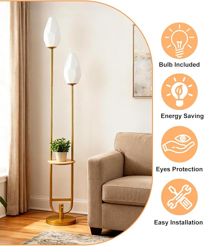 Lightdot 63IN Gold Floor Lamp with Shelf Mid Century Tall Standing Lamps with Rock-Shaped Bulb Included Modern Floor Lamp with 5Lbs Heavy Base for Living Room/Party/Sofa Beside/Corner Decor